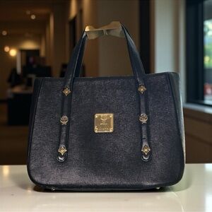 MCM Vintage Black Leather Tote Bag Gold Hardware